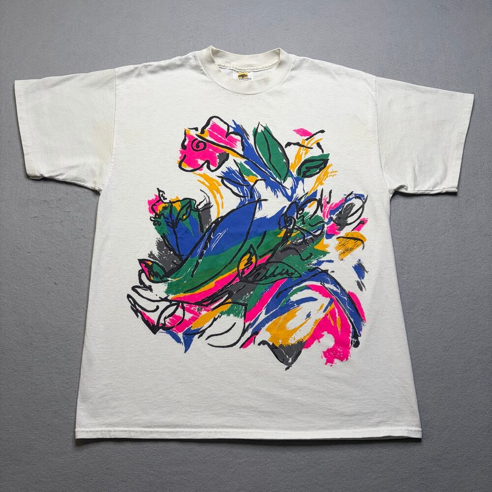 Vintage 90s Abstract Floral Art Graphic T Shirt Mens XL White USA Single Stitch